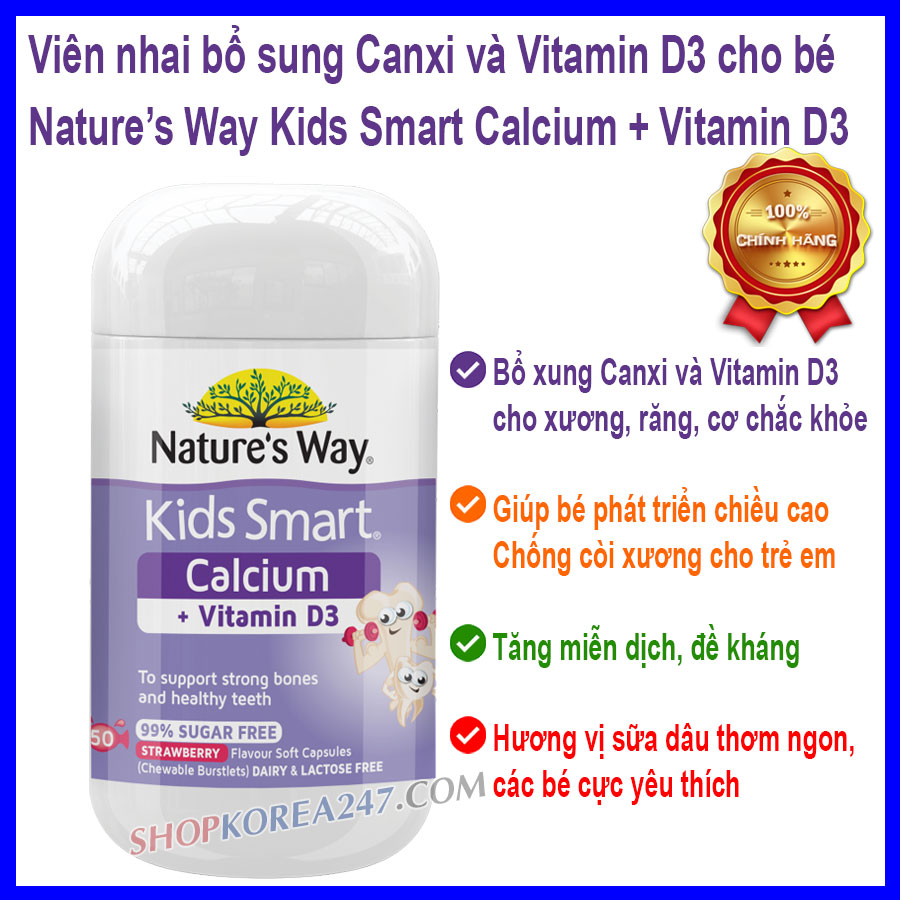 Viên nhai Nature’s Way Kids Smart Calcium + Vitamin D3 hủ 50 viên