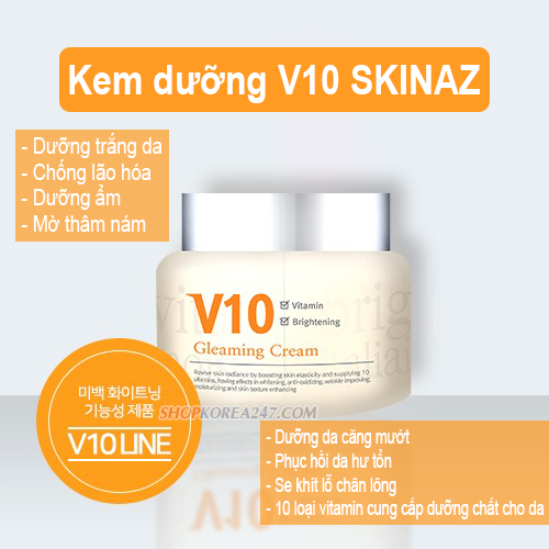 Kem dưỡng da V10 Skinaz Gleaming Cream 50ml, trắng da, chống lão hóa, mờ thâm nám